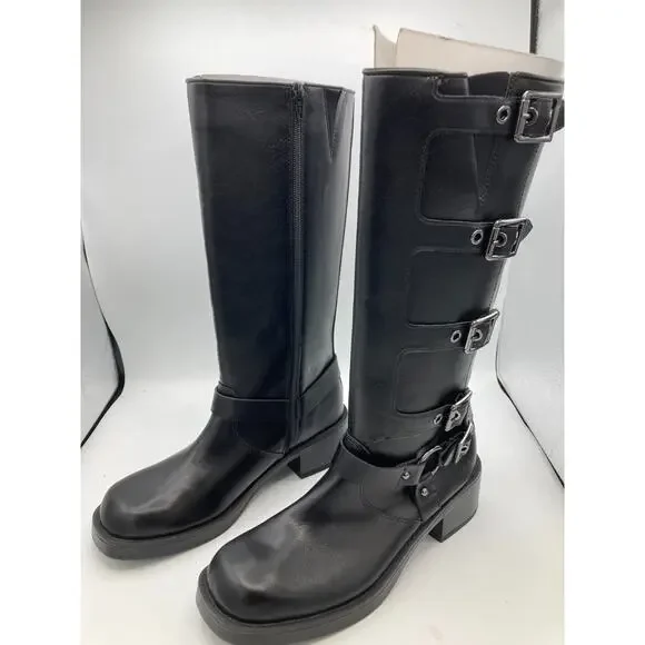 Wild Fable Womens Black Faux Leather Rebel Tall Moto Buckle Boots Size 8.5 - Picture 2 of 5
